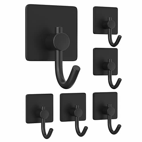 Heavy Duty Self Adhesive Hooks for Bathroom and Kitchen, Stainless Rustproof Coat and Robe Hooks, 6 Pack  
Sticky Black