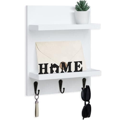 White Key Holder Wall Mount Mail Shelf Decor with 3 Key Hooks Versatile Wood Wall Organizer for Entryway Hallway (8.2” x