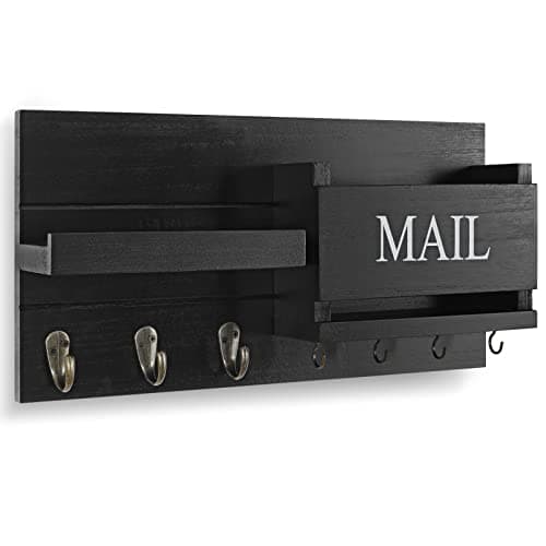 Wall Mount Mail Organizer with Key Holder & Shelf - Farmhouse Decor for Hallway (16.5" x 9.1" x |4") (Rustic Wood, Blac