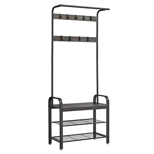 VASAGLE UHSR40MB Coat Rack, Hall Tree with Shoe Bench for Entryway, 4-in-1 with 9 Hooks and Hanging Rod, Greige and Blac