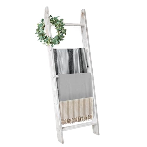 Honest Blanket 5-Tier Blanket Holder for The Living Room, White, Farmhouse Decor, Wall-Leaning Ladder Shelves  
Honest B