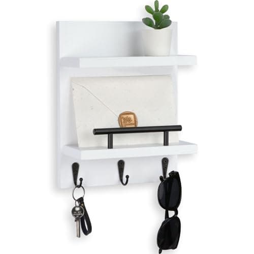 White Key Holder Wall Mount Mail Shelf Decor with 3 Key Hooks Versatile Wood Wall Organizer for Entryway Hallway (8.2” x