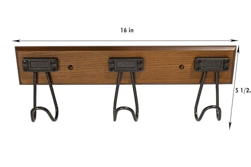 16" Wall Mounted Label Hook Rack with 3 Hooks, Walnut and Soft Iron Finish, for Entryway and Hallway - Multi-Use Storage