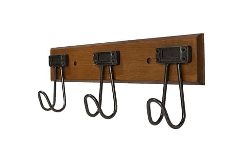 16" Wall Mounted Label Hook Rack with 3 Hooks, Walnut and Soft Iron Finish, for Entryway and Hallway - Multi-Use Storage