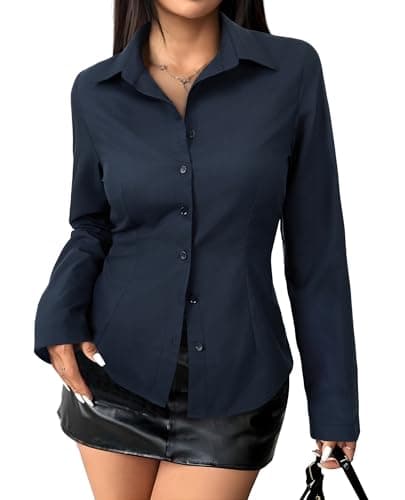 Gleeivy Women's Striped Button Down Shirts Y2k Crop Tops V Neck Collared Slim Fit Blouses Flare Sleeve Streetwear