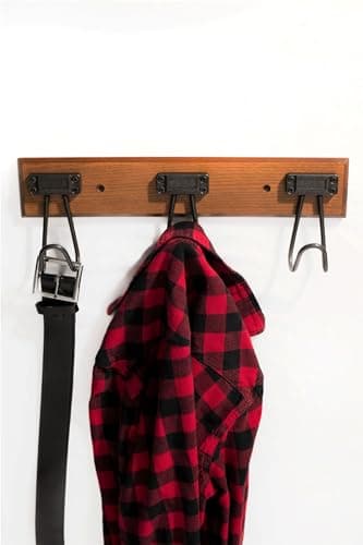 16" Wall Mounted Label Hook Rack with 3 Hooks, Walnut and Soft Iron Finish, for Entryway and Hallway - Multi-Use Storage