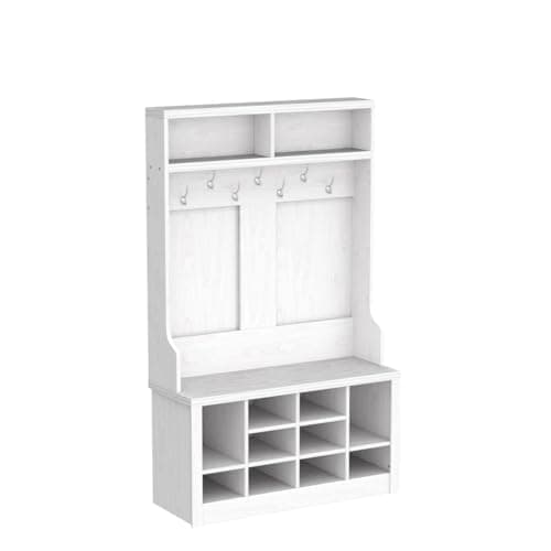 Itaar Embossed White 3-in-1 Entryway Bench with Coat Rack and Shoe Storage