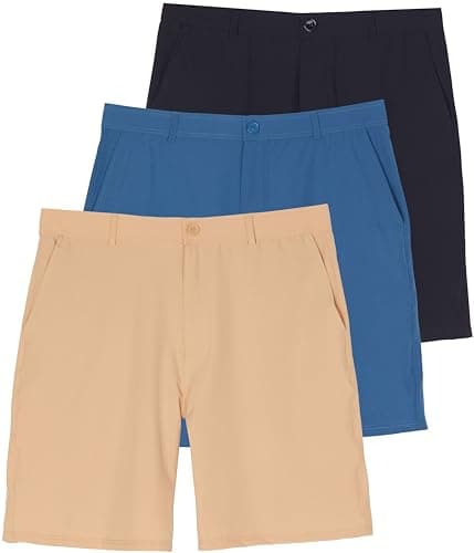 Real Essentials 3 Pack Mens 9" Golf Shorts Pockets - Flat Front Casual Work Workout Active Hiking Sport