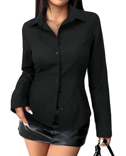 Gleeivy Women's Striped Button Down Shirts Y2k Crop Tops V Neck Collared Slim Fit Blouses Flare Sleeve Streetwear
