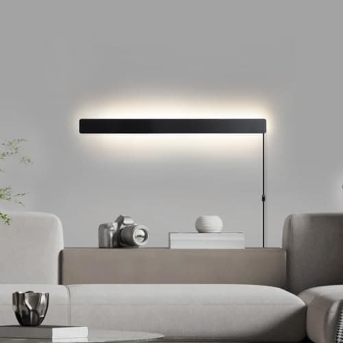 Modern Plug-in Long Wall Sconce, 39" Black Matte LED Wall Lights, 20W Warm White 3000K Acrylic Indoor Wall Lamp for Bedr