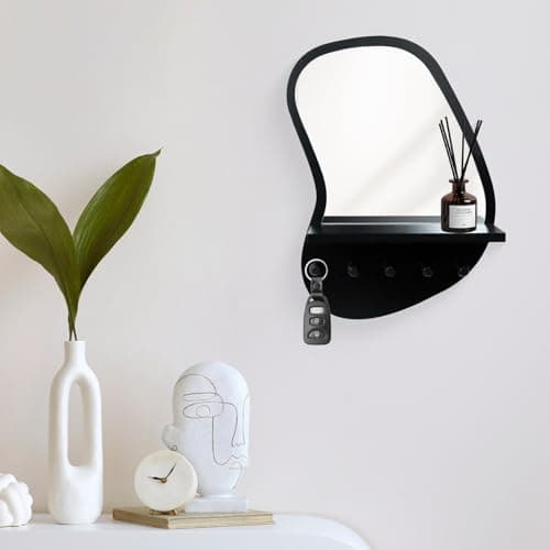 SANY DAYO HOME Irregular Wood Mirror for Entryway | 16" x 12" Black with Hooks and Shelf
SANY DAYO HOME Modern Irregular
