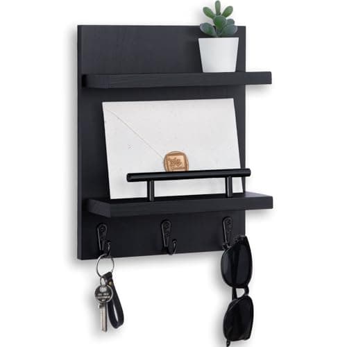 White Key Holder Wall Mount Mail Shelf Decor with 3 Key Hooks Versatile Wood Wall Organizer for Entryway Hallway (8.2” x