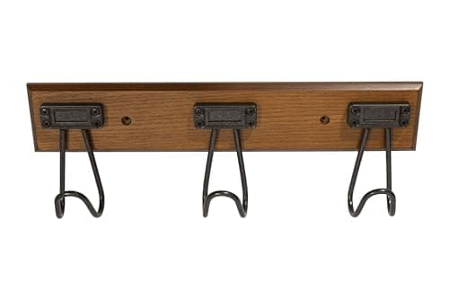 16" Wall Mounted Label Hook Rack with 3 Hooks, Walnut and Soft Iron Finish, for Entryway and Hallway - Multi-Use Storage