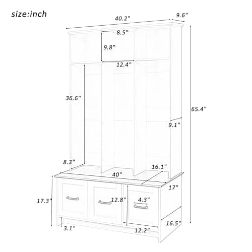 Modern Hall Tree with Entryway Bench, Storage, and Anti-Tipping Device for Living Room and Hallway, Black