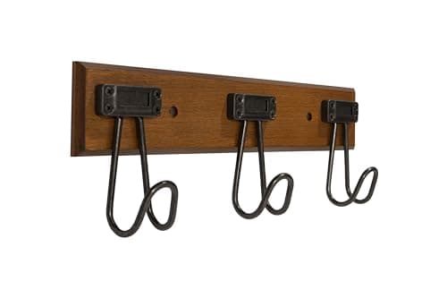 16" Wall Mounted Label Hook Rack with 3 Hooks, Walnut and Soft Iron Finish, for Entryway and Hallway - Multi-Use Storage
