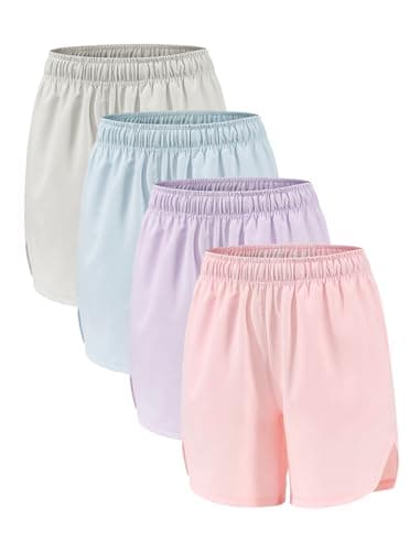 Celfaeree Girls Running Shorts with Pockets | Dry-Fit Athletic Shorts for Kids Teens | 4 Packs | Sweat-Wicking Sportswea