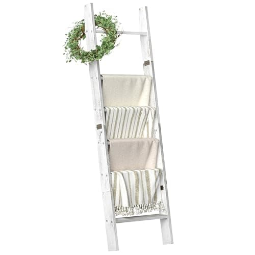 Honest Blanket 5-Tier Blanket Holder for The Living Room, White, Farmhouse Decor, Wall-Leaning Ladder Shelves  
Honest B