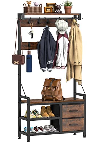 Lulive Hall Tree, Freestanding Entryway Bench with Coat Rack, Rustic Brown, 17 Hooks and Drawers, 5 in 1 Intelligent Des