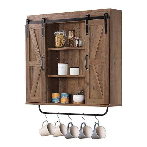RUSTOWN Dark Walnut Rustic Wood Wall Storage Cabinet with Two Sliding Barn Door, 3-Tier Decorative Farmhouse Vintage Cab