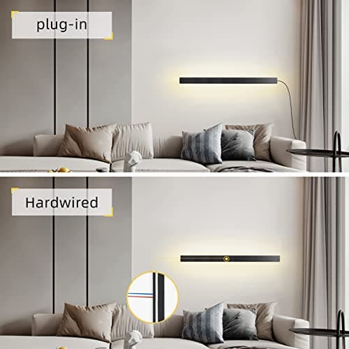 Modern Plug-in Long Wall Sconce, 39" Black Matte LED Wall Lights, 20W Warm White 3000K Acrylic Indoor Wall Lamp for Bedr