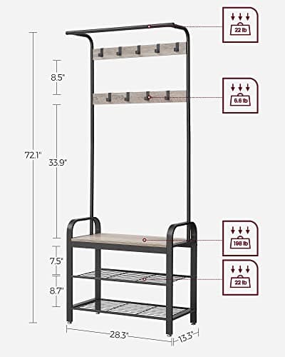 VASAGLE UHSR40MB Coat Rack, Hall Tree with Shoe Bench for Entryway, 4-in-1 with 9 Hooks and Hanging Rod, Greige and Blac