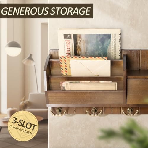 Modern Farmhouse Key Holder with Hooks and Mini Drawer - Rustic Apartment Essentials for Home Improvement (Brown & Golde
