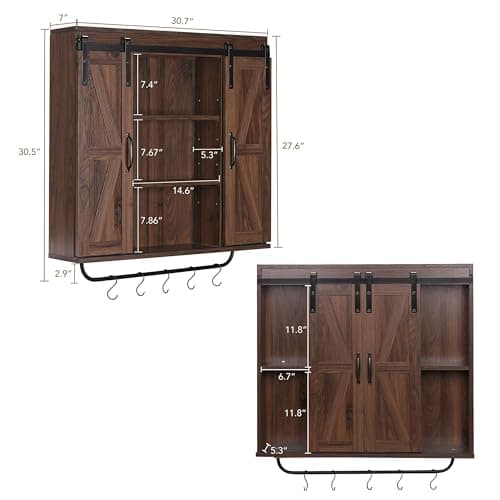 RUSTOWN Dark Walnut Rustic Wood Wall Storage Cabinet with Two Sliding Barn Door, 3-Tier Decorative Farmhouse Vintage Cab