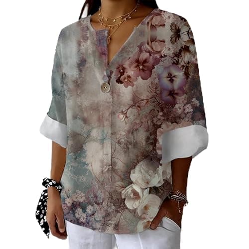 Bivenant Women's Floral Blouses Vintage Cotton Linen Button V-Neck T-Shirts 3/4 Sleeve Boho Tunic Tops for Summer
| Wom