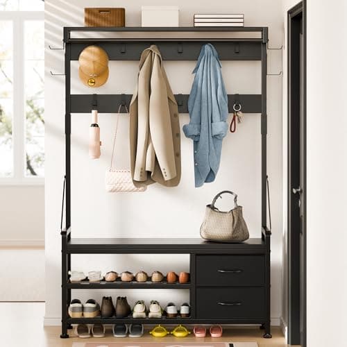 Lulive Hall Tree, Freestanding Entryway Bench with Coat Rack, Rustic Brown, 17 Hooks and Drawers, 5 in 1 Intelligent Des