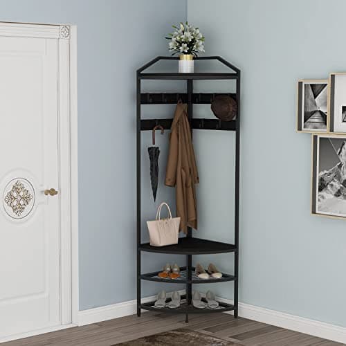 GiftGo Modern Black Entryway Corner Hall Tree with Shoe Bench for Home Office Bedroom