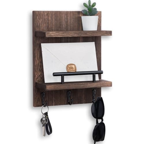 White Key Holder Wall Mount Mail Shelf Decor with 3 Key Hooks Versatile Wood Wall Organizer for Entryway Hallway (8.2” x