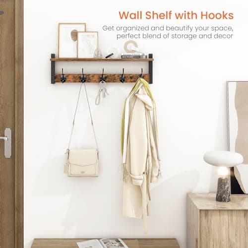 Homede Coat Rack with Wall Mount, Rustic Brown Black, 24 Inch Long Entryway Wall Shelf with Hooks, Wood Hanger with Stor