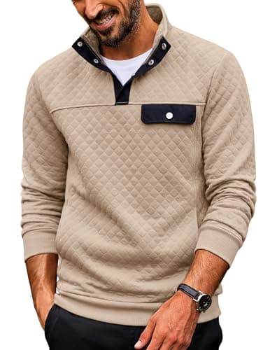 COOFANDY Men Quilted Sweatshirts Outdoor Polo Sweatshirt with Pockets