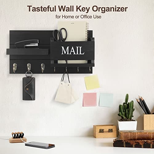 Wall Mount Mail Organizer with Key Holder & Shelf - Farmhouse Decor for Hallway (16.5" x 9.1" x |4") (Rustic Wood, Blac