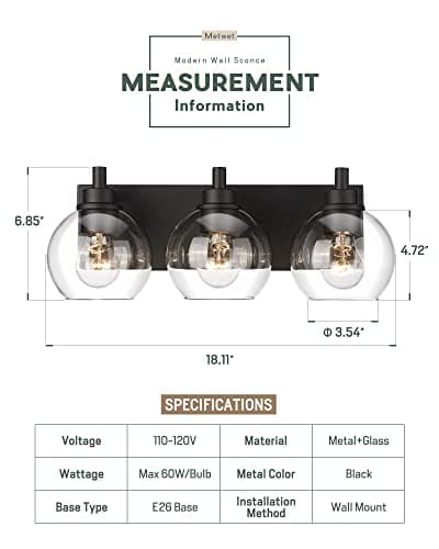 Modern 3-Light Matte Black Bathroom Vanity Light for Kitchen and Bedroom
| Clear Glass Globe Shade Wall Sconces for Bat
