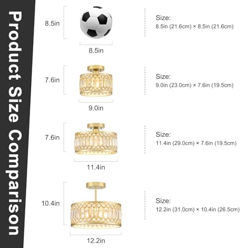 Crystal Ceiling Light Fixture, Modern Semi Flush Mount Gold Lighting Fixtures for Hallway and Kitchen
Crystal Ceiling Li