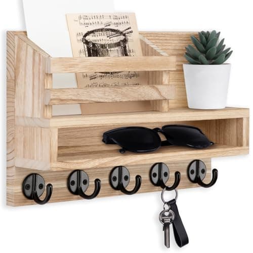 Key and Mail Holder Wall Mount, Durable Long Storage Box and Multiple Hooks for Coat and Dog Leash, Ideal for Home Deco