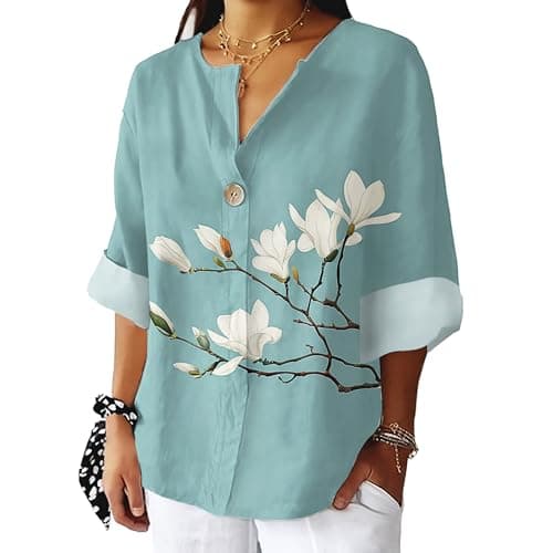 Bivenant Women's Floral Blouses Vintage Cotton Linen Button V-Neck T-Shirts 3/4 Sleeve Boho Tunic Tops for Summer
| Wom