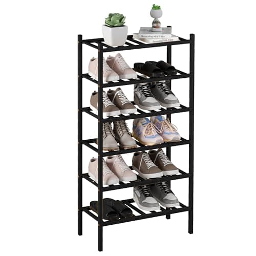 Black 3 Tier Bamboo Shoe Rack for Closet Free Standing Wood Shoe Shelf Storage Organizer for Entryway Small Space Stacka