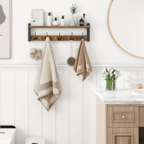 Homede Coat Rack with Wall Mount, Rustic Brown Black, 24 Inch Long Entryway Wall Shelf with Hooks, Wood Hanger with Stor