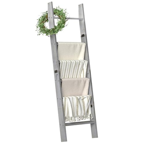 Honest Blanket 5-Tier Blanket Holder for The Living Room, White, Farmhouse Decor, Wall-Leaning Ladder Shelves  
Honest B