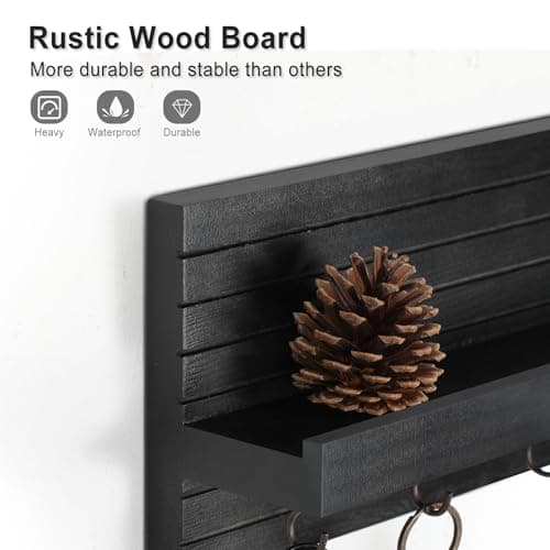 Black Sturdy Wood Keyholder Entrance Hanger with Shelf Holds Leashes and Jackets – Entryway Wall Mount Key Holder with H