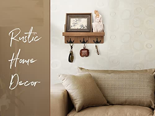 Rebee Vision Rustic Brown Farmhouse Key Holder for Wall with Shelf and 3 Hooks - Entryway Decor