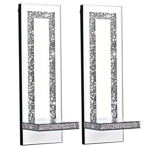 Crystal Crush Diamond Mirrored Candle Sconces, Silver Wall Candle Holder Set of 2, Living Room and Dining Room Decor (Re