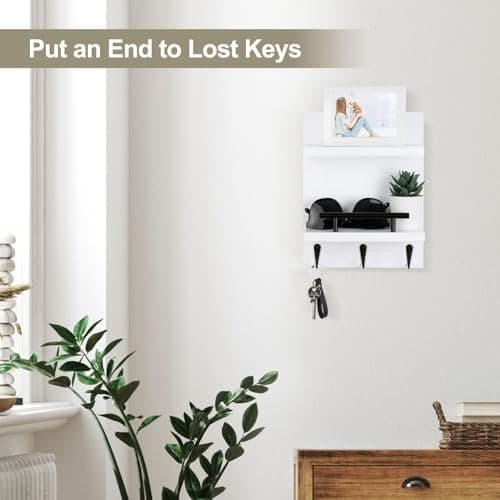 White Key Holder Wall Mount Mail Shelf Decor with 3 Key Hooks Versatile Wood Wall Organizer for Entryway Hallway (8.2” x