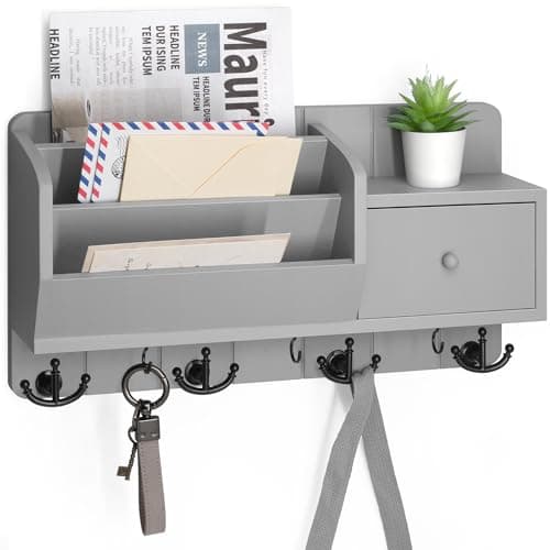 Modern Farmhouse Key Holder with Hooks and Mini Drawer - Rustic Apartment Essentials for Home Improvement (Brown & Golde