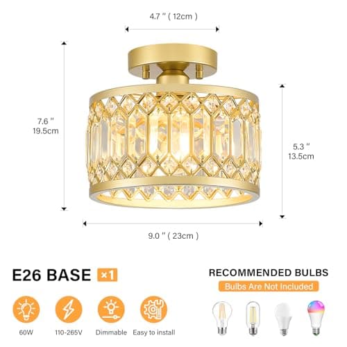 Crystal Ceiling Light Fixture, Modern Semi Flush Mount Gold Lighting Fixtures for Hallway and Kitchen
Crystal Ceiling Li