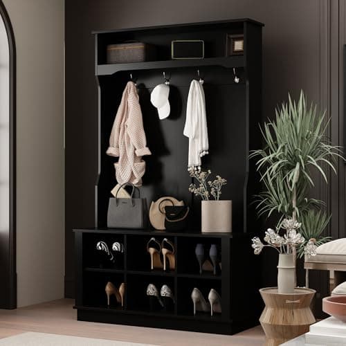 White Wide Hall Tree with Shoe Storage Bench, 18 Shoe Storage Cube & 3 Top Cube, Modern 4-in-1 Entryway Coat Rack for Ha