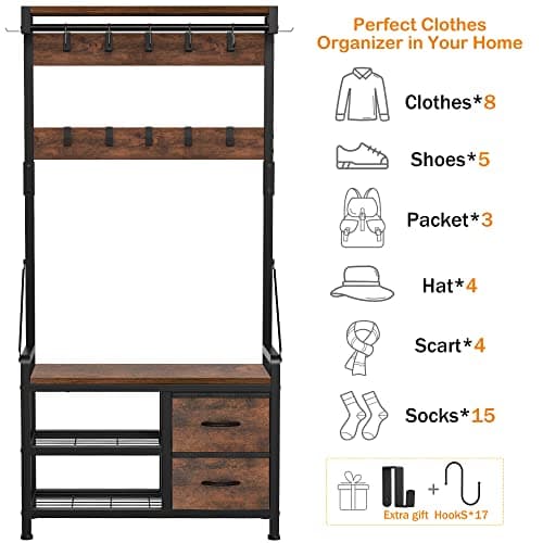 Lulive Hall Tree, Freestanding Entryway Bench with Coat Rack, Rustic Brown, 17 Hooks and Drawers, 5 in 1 Intelligent Des
