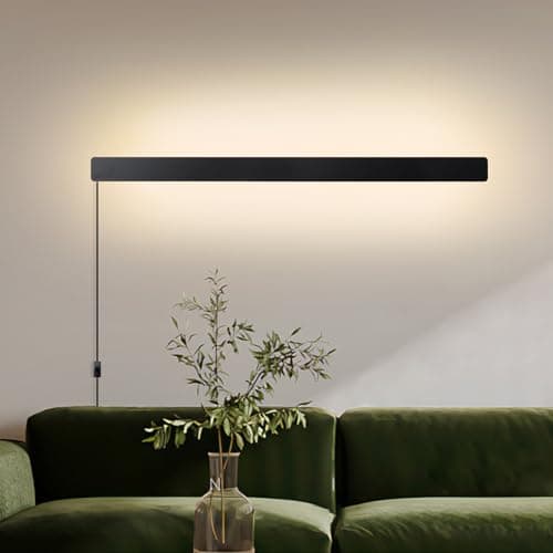 Modern Plug-in Long Wall Sconce, 39" Black Matte LED Wall Lights, 20W Warm White 3000K Acrylic Indoor Wall Lamp for Bedr